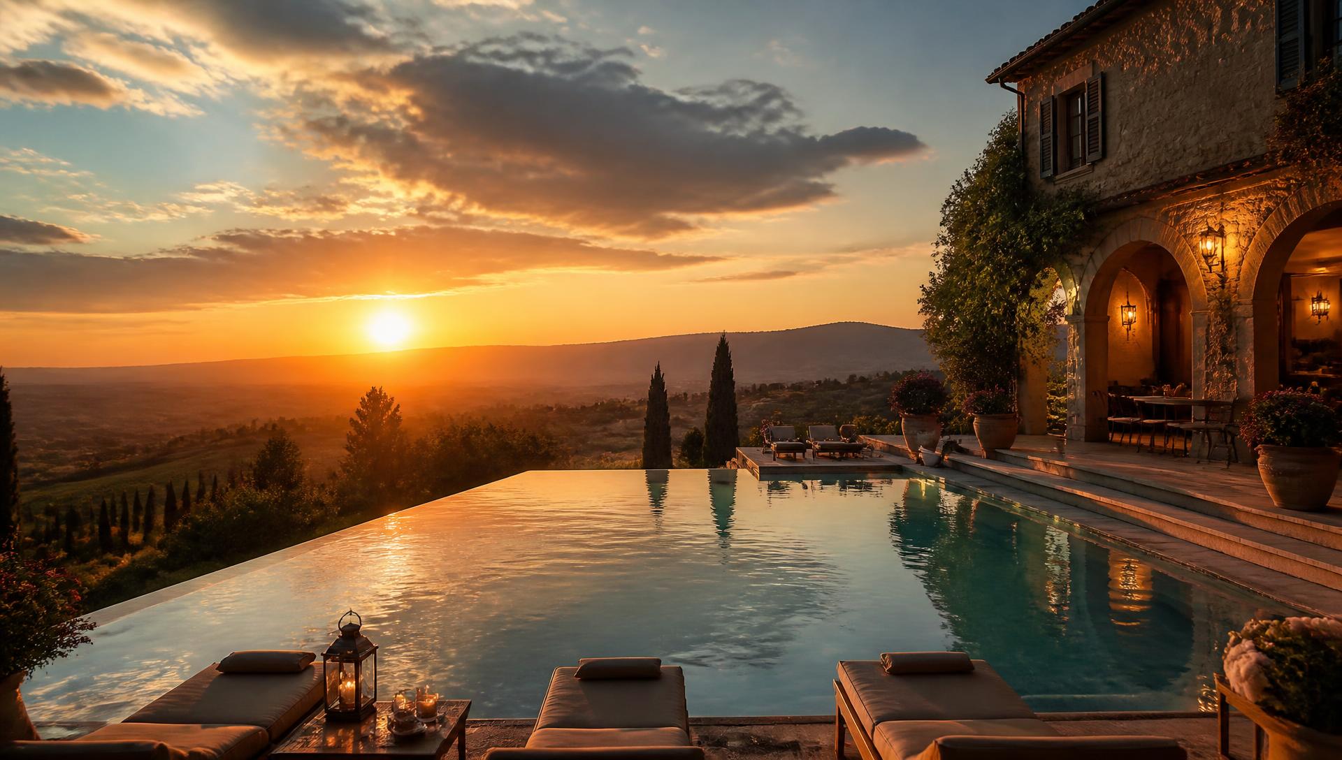 Luxury infinity pool overlooking a Tuscan sunset at dusk