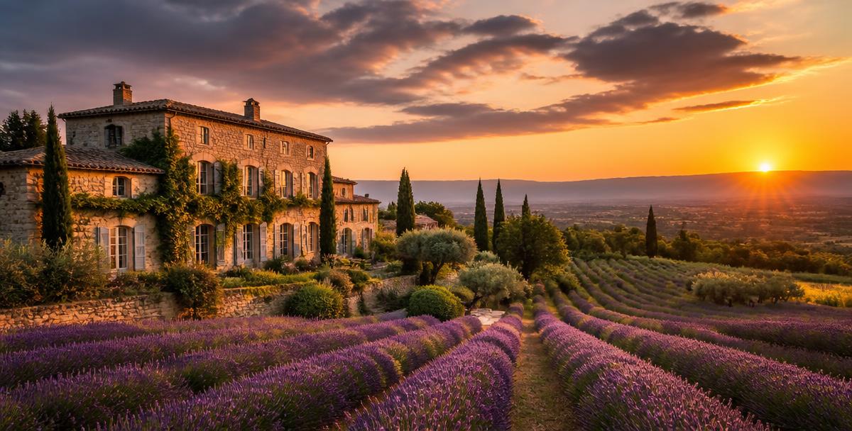 Cinematic sunset over a stone villa in Provence